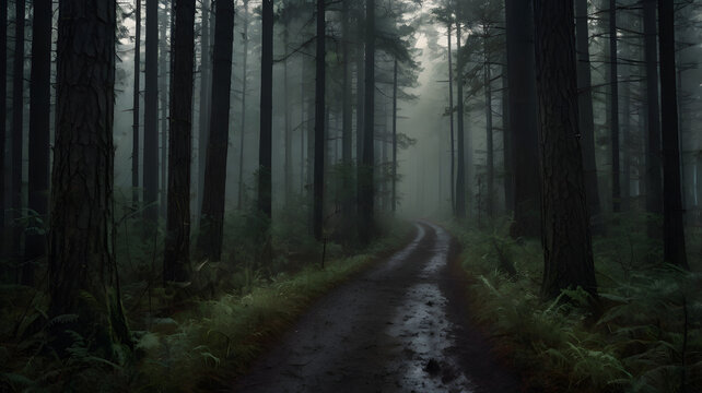 Caminho Solit&aacute;rio Atrav&eacute;s de Floresta Densa, Escura e Nebulosa ao Amanhecer