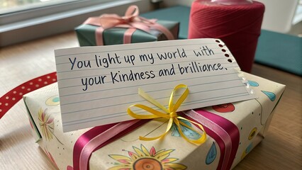 Gift wrapped present with kindness and brilliance note