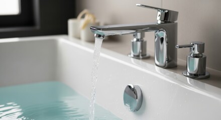Modern bathroom faucet filling a bathtub clean water flowing symbolizing relaxation and purity