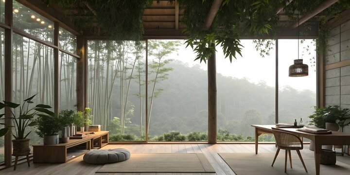 The luxury tropical hotel room boasts a window with a stunning view of the sea and garden, featuring wooden furniture and elegant interior design