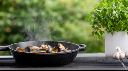 Delicious mussels cooking in cast iron pan on outdoor grill