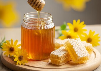 Honey, Honeycomb, and Yellow Flowers
