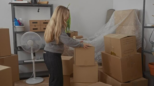 Woman organizing boxes in a new apartment living room with a fan and shelves indicating a recent move-in experience showcasing indoor activities and relocation scene with young blonde indoors