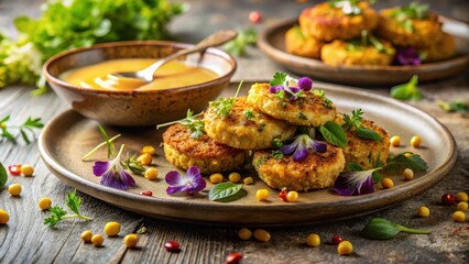 Savory Grain Cakes with Creamy Sauce, Garnish and Edible Flowers on a Rustic Plate