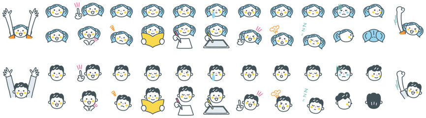 小学生の喜怒哀楽顔のアイコン集　教育にも使えるセットのストックイラスト素材
