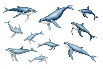 Fototapeta premium Watercolor set of marine animals including whale shark, orca, narwhal, stingray, manatee, seahorse, fish, starfish and shells in ocean life theme