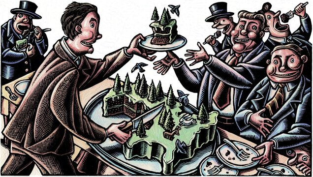 A businessman slices up a tree-decorated cake shaped like the United states, and hands plates of it to his rich friends.
