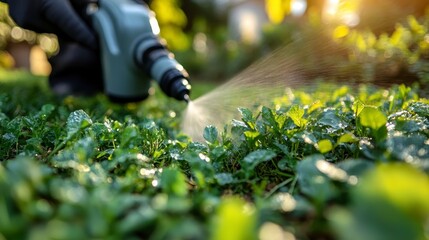 Spraying field. Close-up of water droplets falling on fresh plant leaves under sunlight