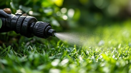 Nozzle sprays liquid on grass, amidst greenery