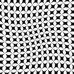 Black and white seamless repeating geometric pattern. Intricate interlocking stylized floral motifs with curved lines and pointed edges. Symmetrical, minimalist abstract design. Flat vector style fill