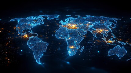 Digital world map glows with interconnected cities across continents and oceans