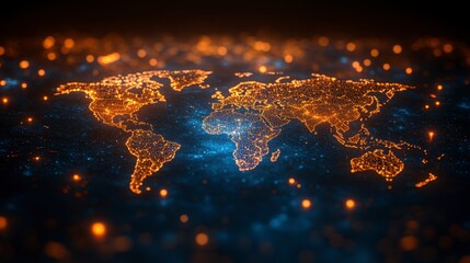World map of orange lights over a blue backdrop
