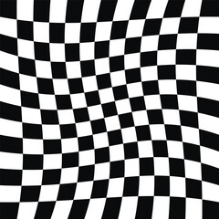 Abstract monochrome wavy distorted checkerboard pattern. Warped black and white squares create optical illusion movement. Minimalist geometric background. Flat perspective, symmetrical composition.