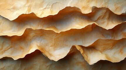 Abstract, layered, folded surface with warm, light yellow and brown tones