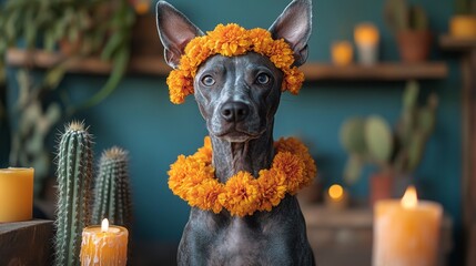 Hairless dog adorned with vibrant orange flower garlands and candles