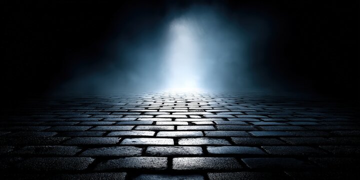 Illuminated Cobblestone Path In The Dark