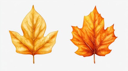Two autumn leaves; yellow/orange, detailed veins, against white