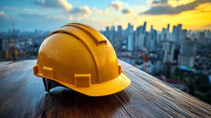 Construction safety A hard hat rests against a blurred cityscape backdrop at sunset