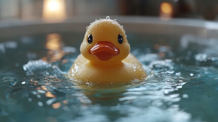 A yellow duck toy floats serenely on water, creating ripples in a soft, blurred ambiance