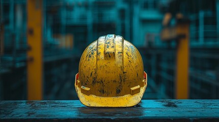 Dirty yellow hardhat atop textured surface in industrial setting, yellow posts background