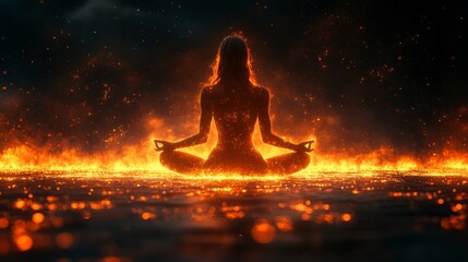 Serene figure meditating amidst glowing embers, radiating peace within a fiery landscape