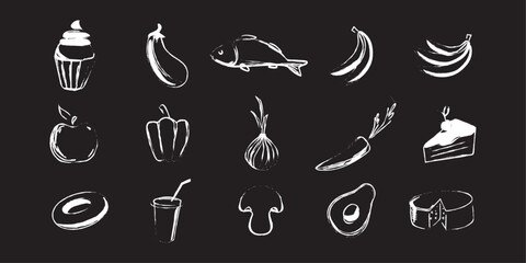 Hand drawn food icons collection black and white vector set