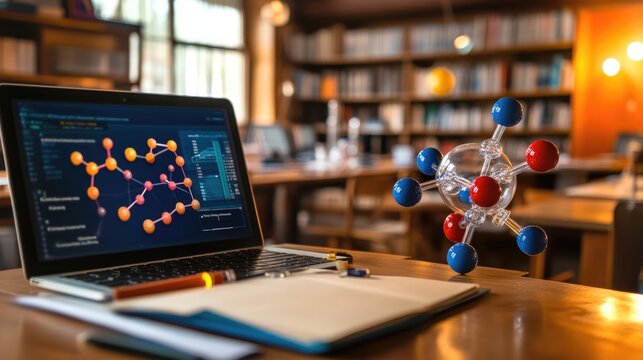 Remote science class on laptop, molecular model and open notebook in view