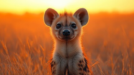 A hyena cub basks in warm light, surrounded by tall grass, looking straight ahead