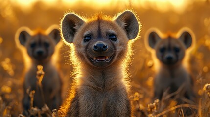 Hyena cubs in golden light, grassy setting