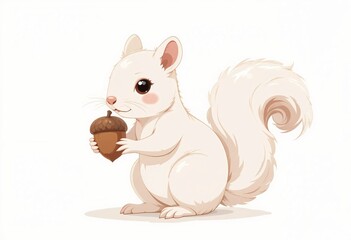Cute flat illustration of an albino squirrel holding an acorn against a white background