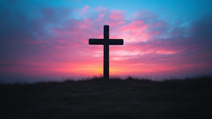 Serene Sunset with Cross Silhouette on a Peaceful Landscape