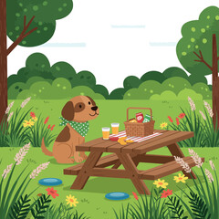 Dog Sitting Near Picnic Table with Basket and Drinks in Green Park Landscape 