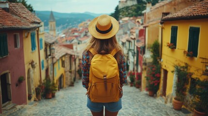 Traveler views cityscape, wearing hat and backpack