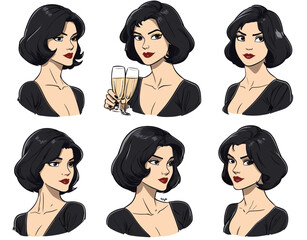 Set of six diverse cartoon female businesswomen in black suits with white shirts, holding champagne glasses in various expressive poses, vibrant illustrative style, light background