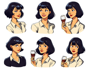 Set of six diverse cartoon female businesswomen holding champagne glasses in various expressive poses, vibrant illustrative style, light background