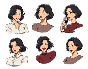 Set of six diverse cartoon female businesswomen holding champagne glasses in various expressive poses, vibrant illustrative style, light background