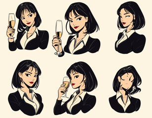 Set of six diverse cartoon female businesswomen in black suits with white shirts, holding champagne glasses in various expressive poses, vibrant illustrative style, light background