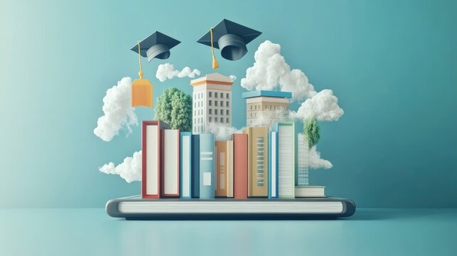 Smart education concept showing AR tablet with floating elements like books and diploma