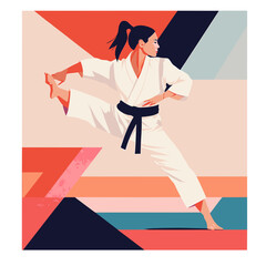 Confident female martial artist in a white karate uniform with a black belt, performing a dynamic pose on a mat, vibrant illustrative style, pink and blue geometric background
