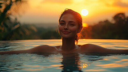 Woman in infinity pool at sunset, serene smile