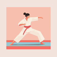 Confident female martial artist in a white karate uniform with a black belt, performing a dynamic pose on a mat, vibrant illustrative style, pink and blue geometric background