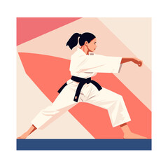 Confident female martial artist in a white karate uniform with a black belt, performing a dynamic pose on a mat, vibrant illustrative style, pink and blue geometric background