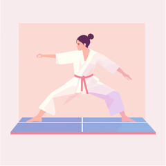 Confident female martial artist in a white karate uniform with a black belt, performing a dynamic pose on a mat, vibrant illustrative style, pink and blue geometric background