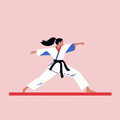 Confident female martial artist in a white karate uniform with a black belt, performing a dynamic pose on a mat, vibrant illustrative style, pink and blue geometric background