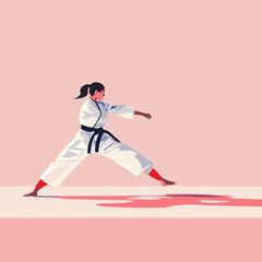 Confident female martial artist in a white karate uniform with a black belt, performing a dynamic pose on a mat, vibrant illustrative style, pink and blue geometric background