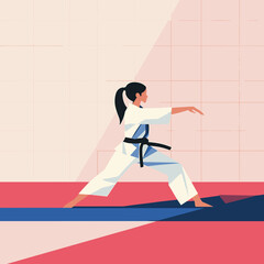 Confident female martial artist in a white karate uniform with a black belt, performing a dynamic pose on a mat, vibrant illustrative style, pink and blue geometric background