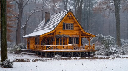 Cozy cabin nestled amidst a snowy forest, exuding warmth and tranquility