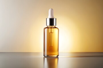 Close-up of amber glass dropper bottle illuminated with golden light perfect for skincare serum essential oil or luxury cosmetics product photography