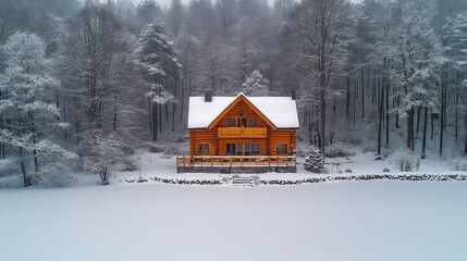 Winter cabin snow-covered wooden house nestled in a forest with a thick blanket of white snow