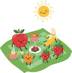 Fototapeta premium Picnic scene with happy anthropomorphic fruits on green blanket under smiling sun vector illustration 